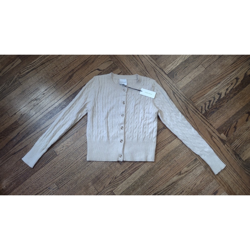 Pink Rose Cable Knit Cardigan Sweater Heather Oatmeal Cropped 5S44719 Womens L